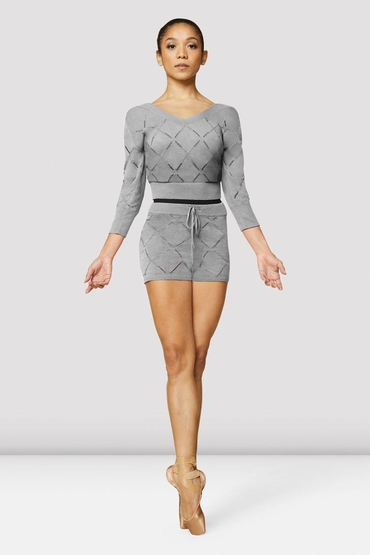 Adult V-Neckline Diamond Knit Cropped 3/4 Sleeve Sweater
