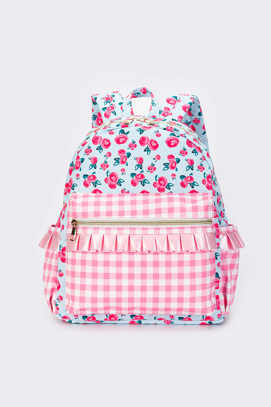 SKP Pink Checkered Ruffle Flower Printed Backpack BA0217-M
