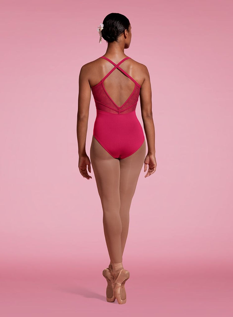Cross Back Cami Leotard with Spliced Lace