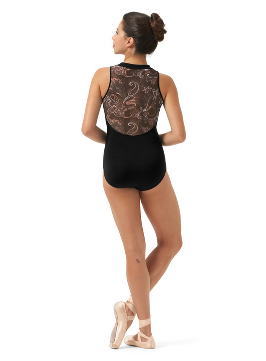 Mirella Zip Front Leotard with Print Mesh Back M3112LM